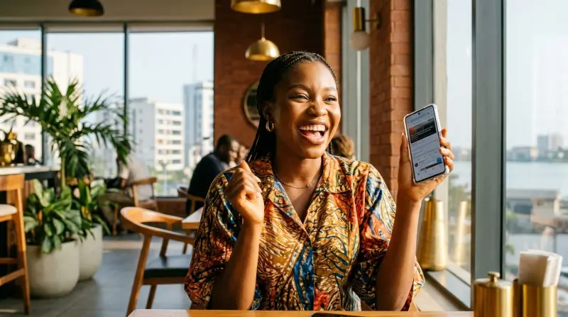 A smiling woman holding up her phone in a café