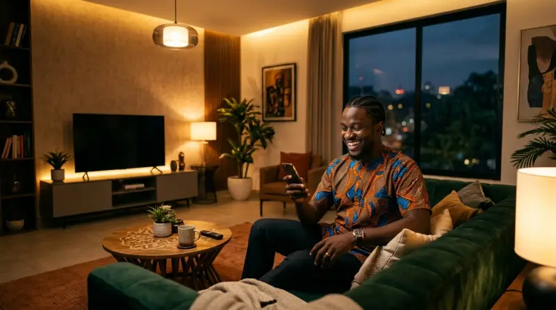 A man smiling at his phone on a sofa in a lamp-lit living room at night