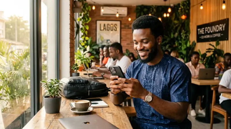 A man smiling at his phone in a busy Lagos café